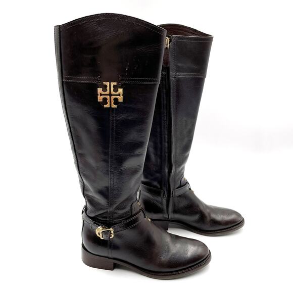 Tory Burch Eloise Riding Boots Leather Dark Brown Knee High Gold Logo Sz 5.5